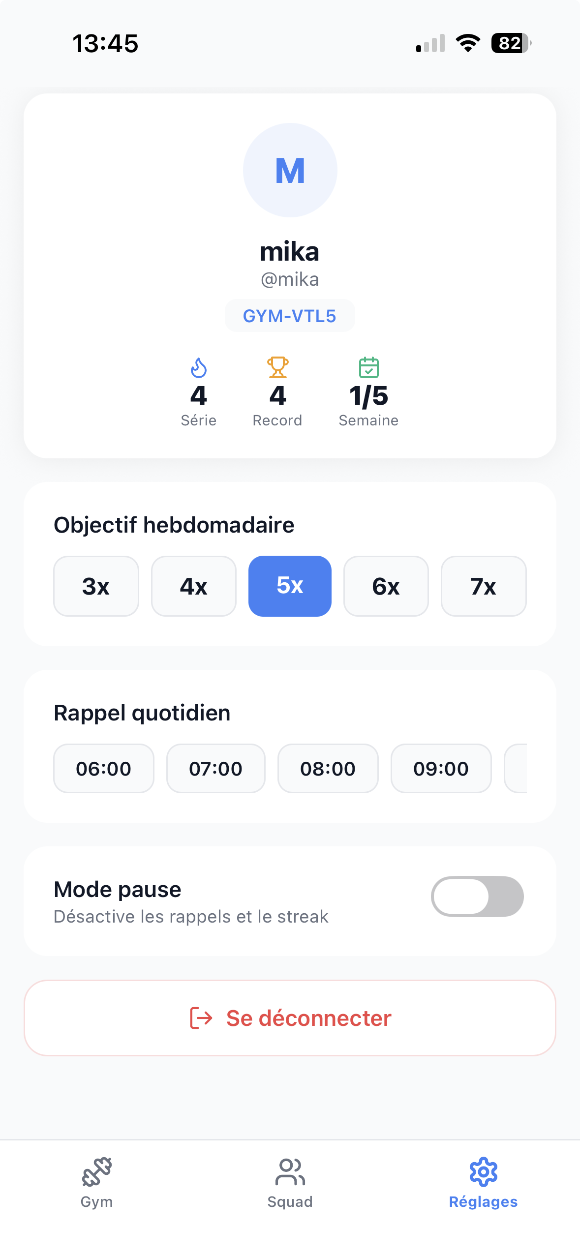 Gym Today? - Écran de réglages